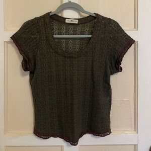 NATURAL LIFE Olive Lace Blouse with Burgundy Trim